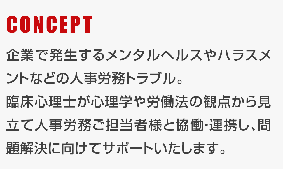 企業で発生するメンタルヘルスやハラスメントなどの人事労務トラブル。臨床心理士が心理学や労働法の観点から見立て人事労務ご担当者様と協働・連携し、問題解決に向けてサポートいたします。