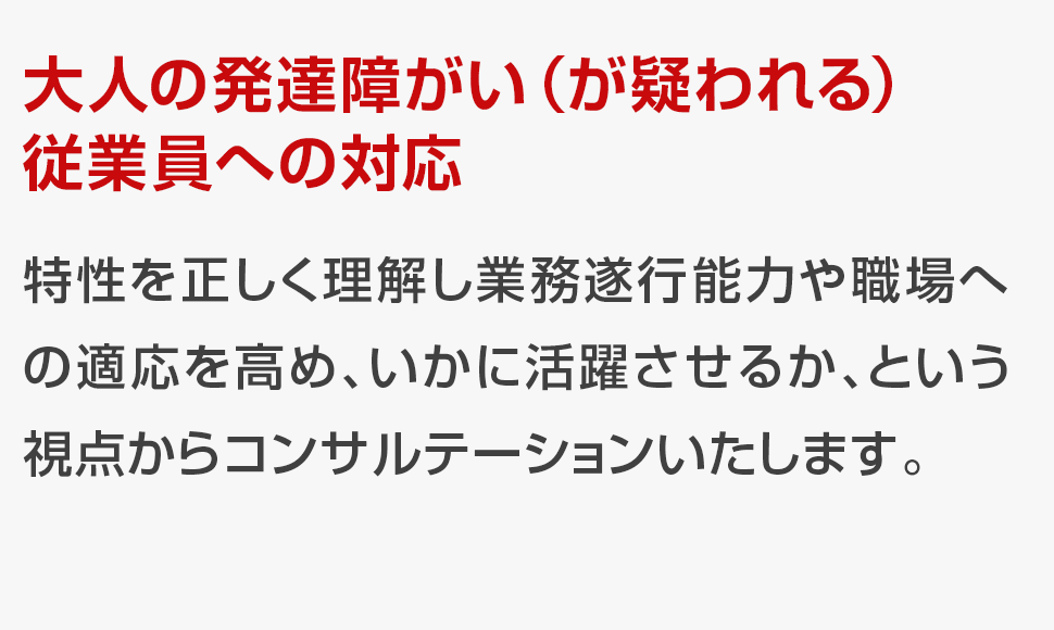 特性を正しく理解し業務遂行能力や職場への適応を高め、いかに活躍させるか、という視点からコンサルテーションいたします。